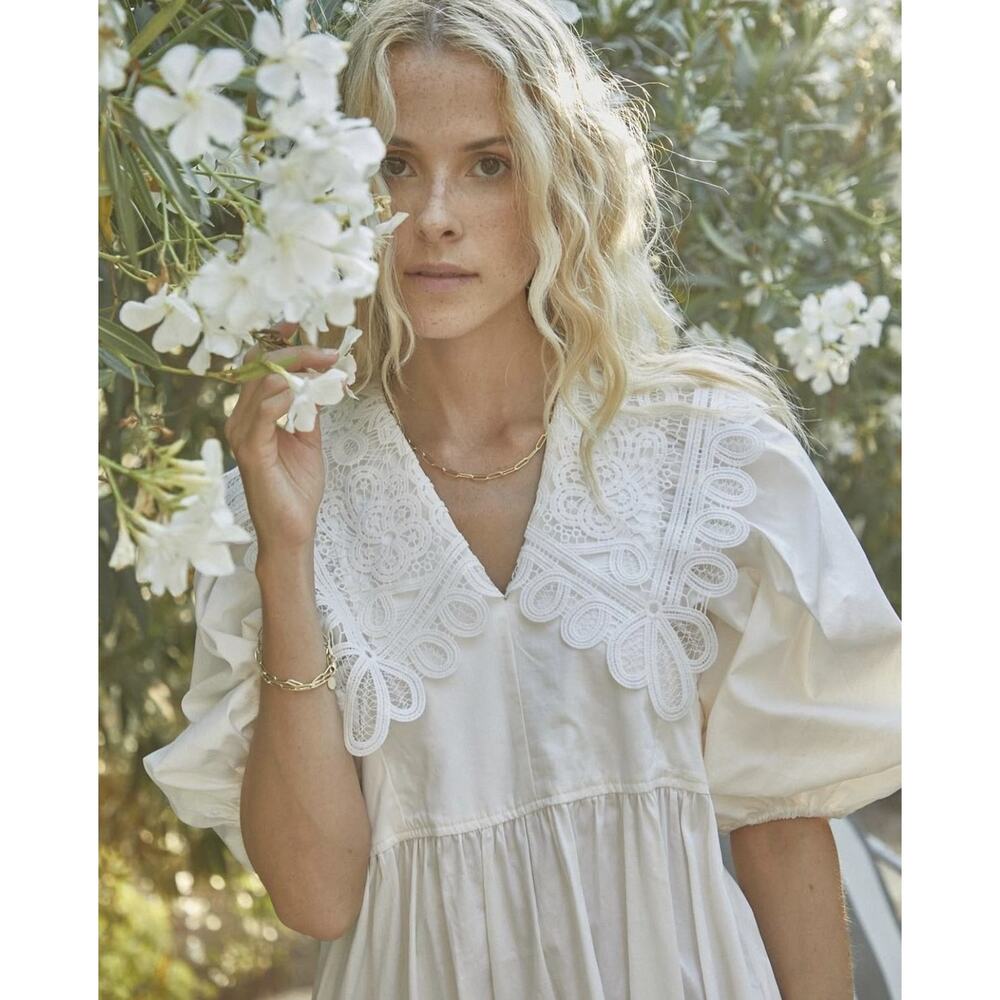 Hunter Bell Mercer Dress White Cotton Lace Collar Puff Sleeve Midi Maxi Dress L - Picture 11 of 13